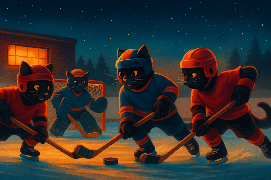 Humanized cats playing ice hockey at night Humanized cats playing ice hockey at night