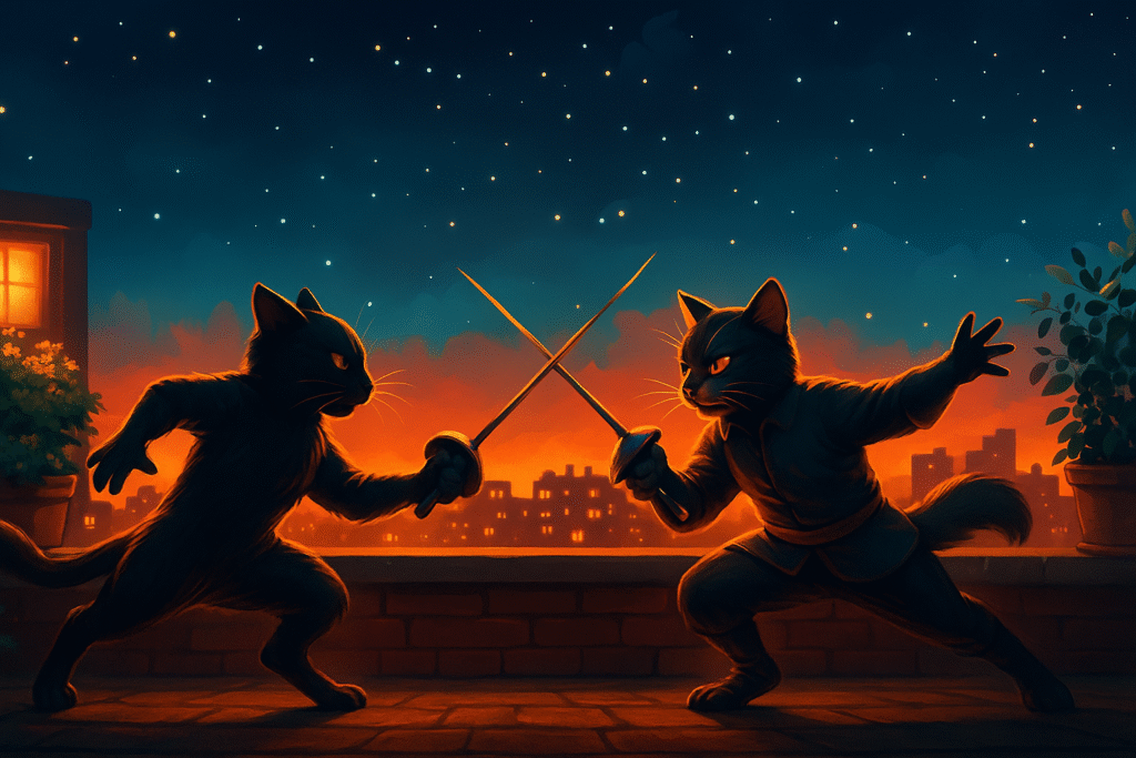 Humanized cats fencing at night Feline Duel_remix_01kaj36gwwej5a0y872p2vdhrm Humanized cats fencing at night