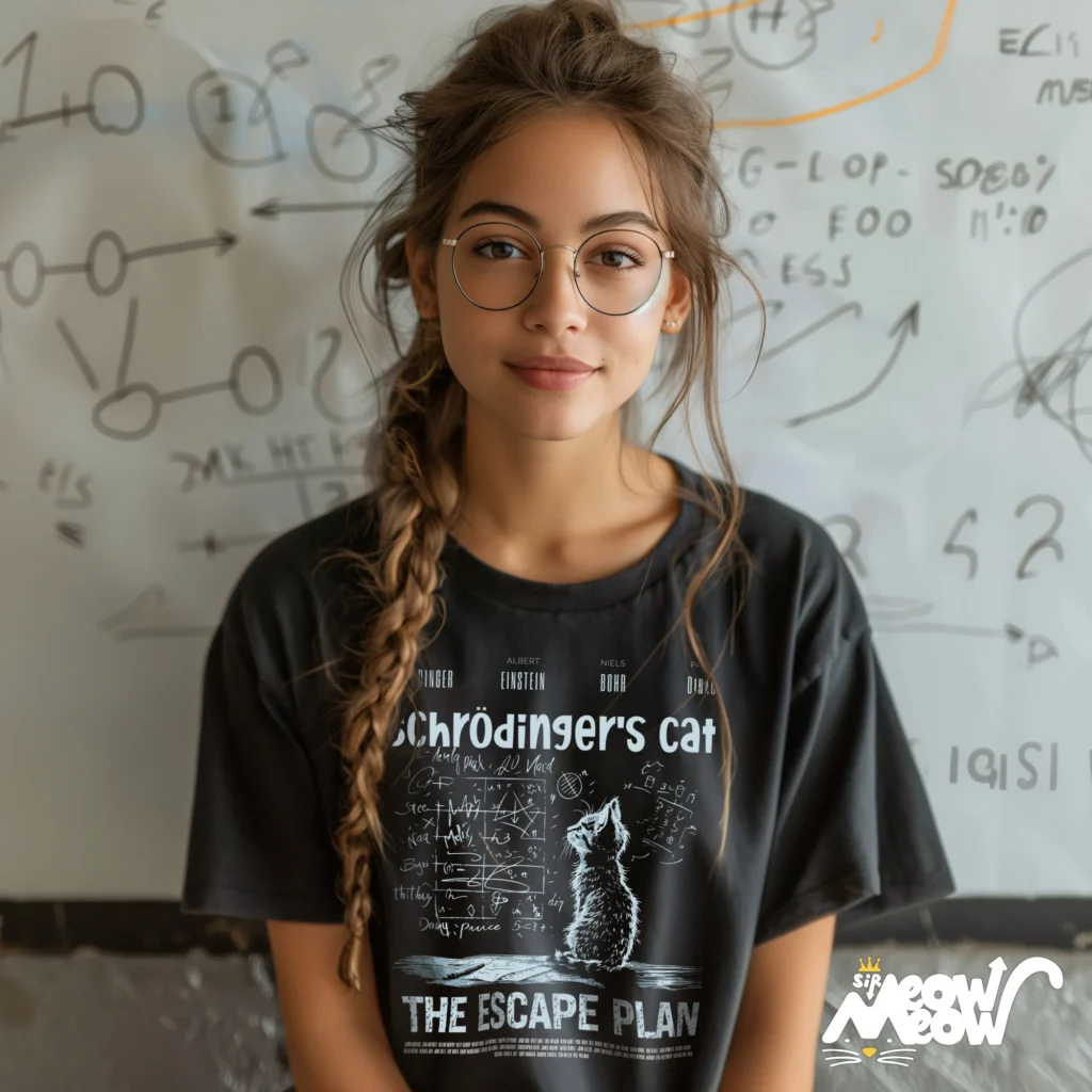 Bookish woman wearing a black Schrǒdingers Cat Escape Plan t-shirt Bookish woman wearing a black Schrǒdingers Cat Escape Plan t-shirt