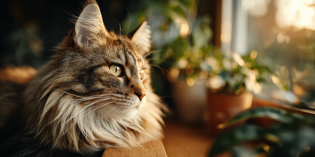 A majestic Maine Coon sitting by a softly sunlit window