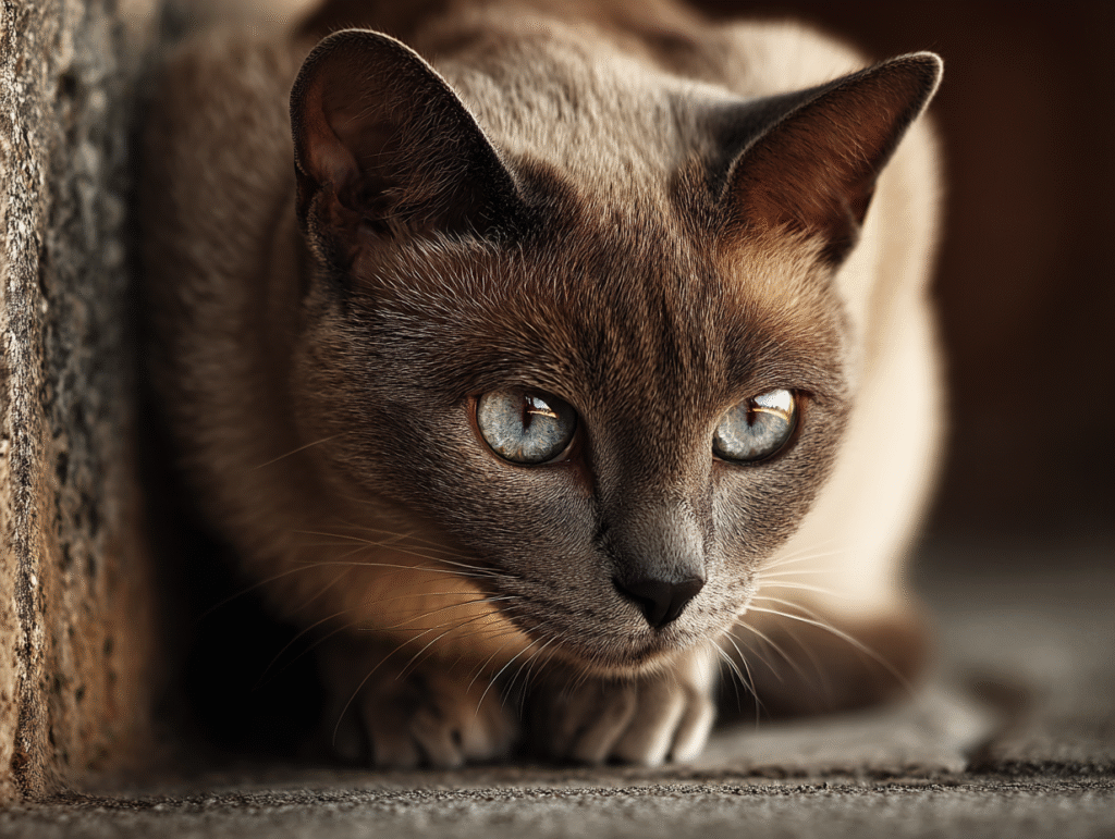 A cat crouched with flattened ears and tucked tail