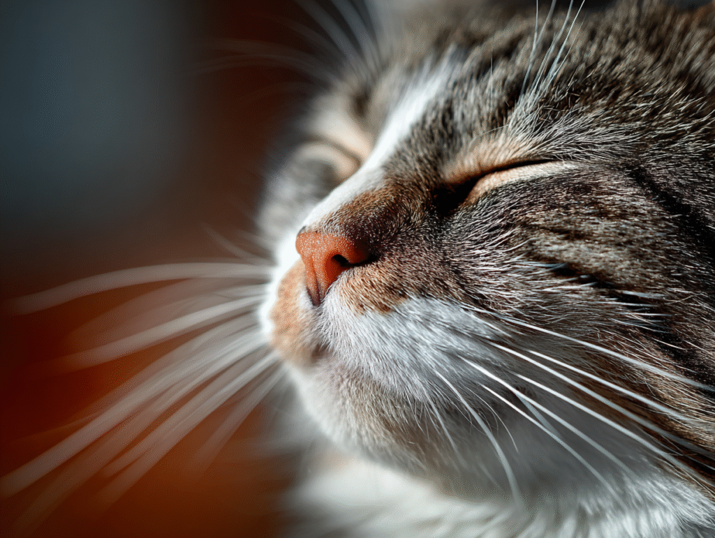 A cat giving a slow blink with relaxed whiskers and soft eyes