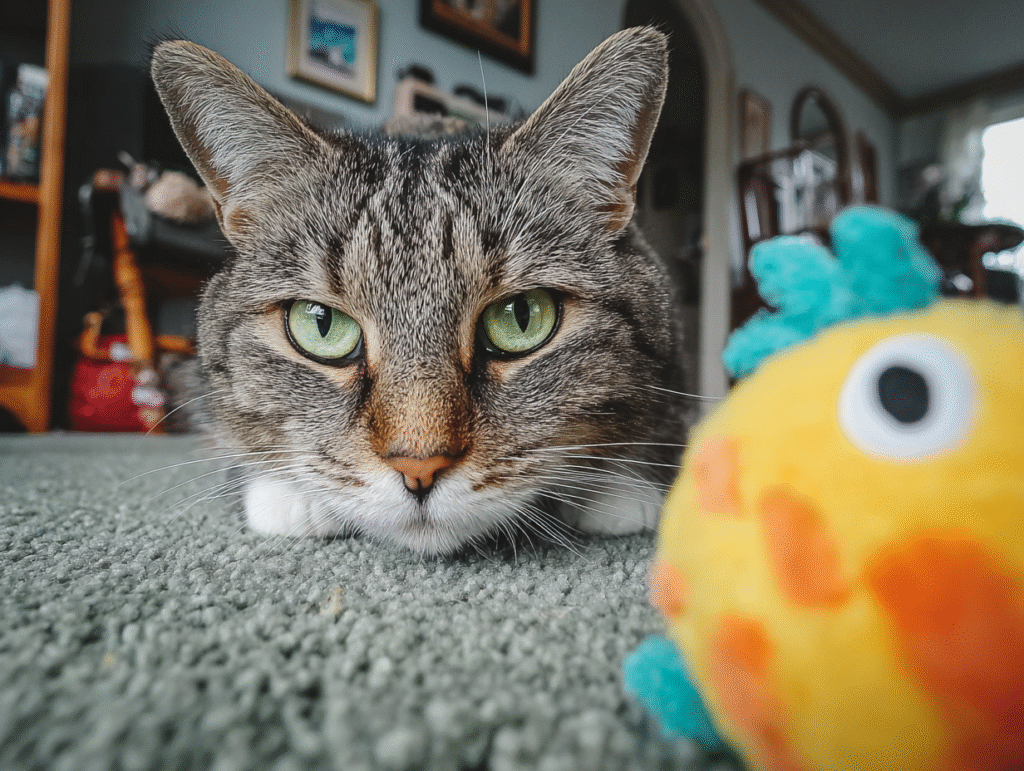 A slightly bored cat staring at a toy