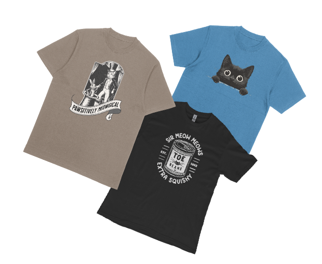 Three different Sir Meow Meow cat themed t-shirts